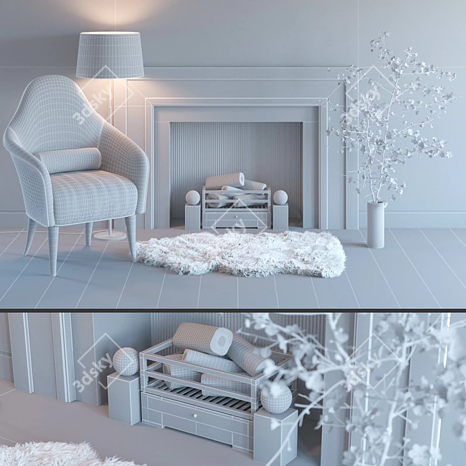 Cozy Fireplace Set: Marble Chimney, Armchair, Wooden Logs, Sheepskin, Lamp, Cherry Blossom 3D model image 2