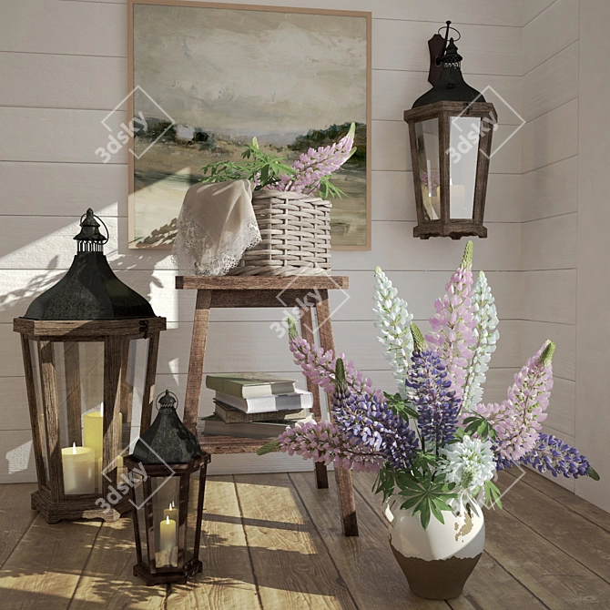 Lupine Bouquet: Decorative Set with Rustic Items 3D model image 1