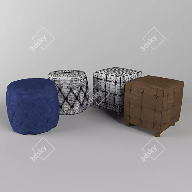 Velvet Cushion Ottoman 3D model image 2