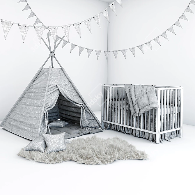 Cozy Nursery Set: Wigwam, Fur Coat, Cot 3D model image 2