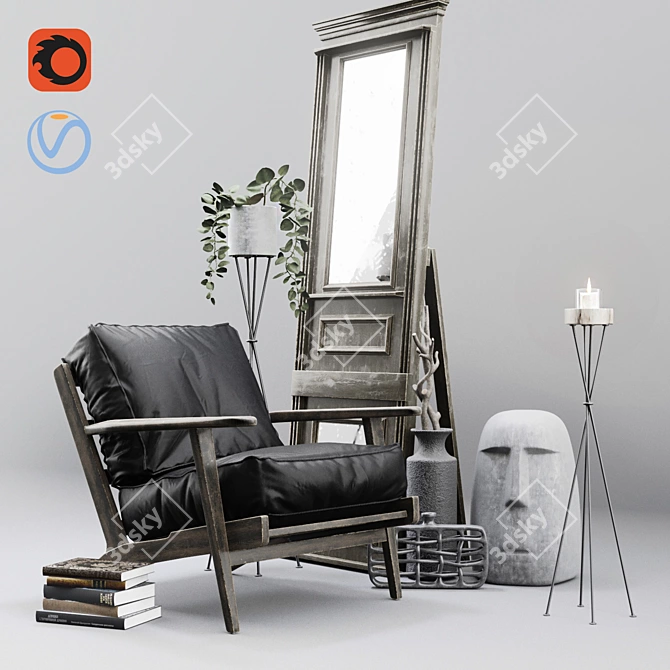 Modern Loft Set: Leather Lounge Chair, Decorative Vases, Mirror Door, Candle Holder 3D model image 1