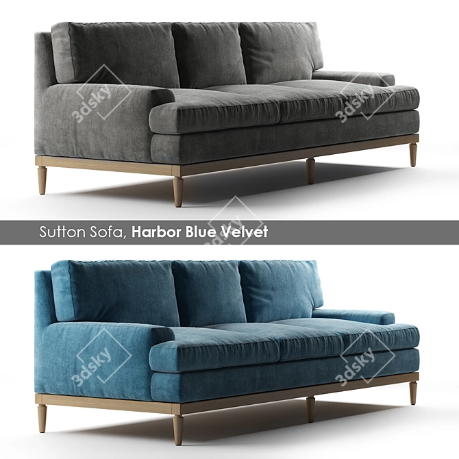 Harbor Blue Velvet Sutton Sofa 3D model image 1