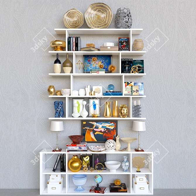 Elegant Shelf Display: Figurines, Vase, Gold, Books & Lamp 3D model image 1