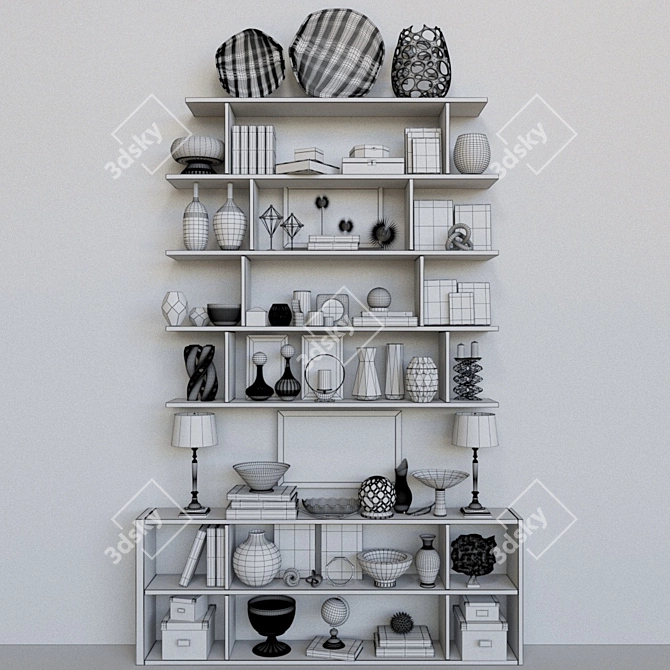 Elegant Shelf Display: Figurines, Vase, Gold, Books & Lamp 3D model image 2