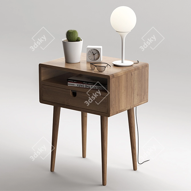 Mid Century Walnut Nightstand with Drawer 3D model image 1