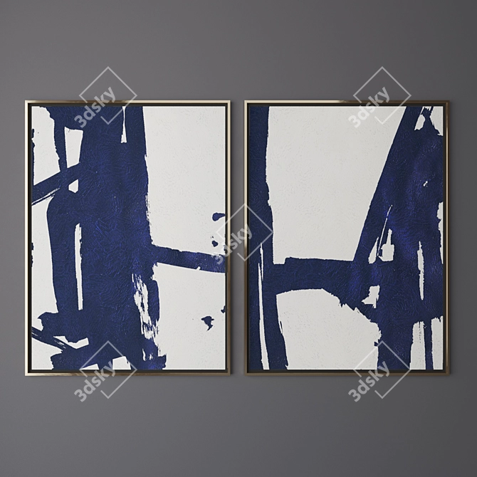 Contemporary Art Set 4: Vertical Navy & White Paintings 3D model image 1