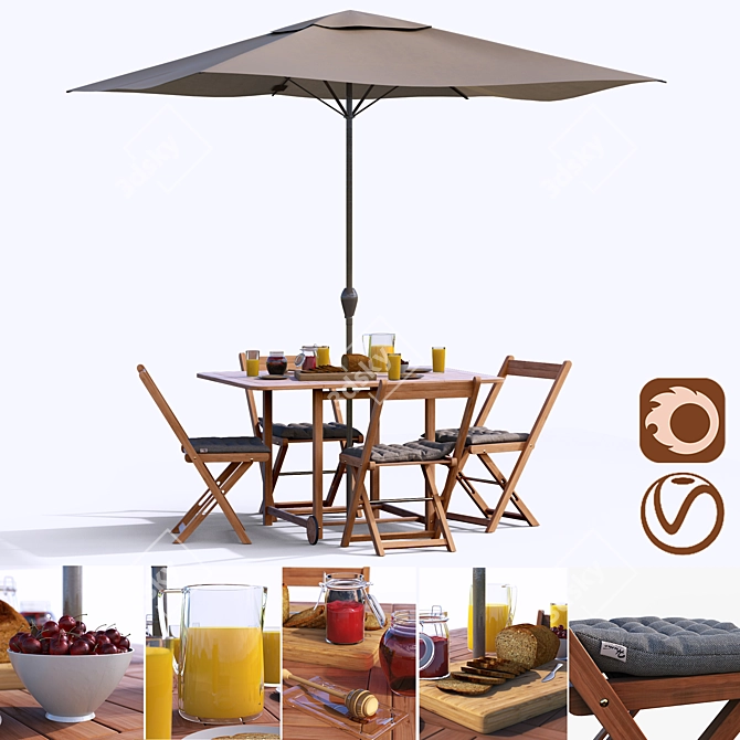 Outdoor Dining Set with Umbrella & Accessories 3D model image 1