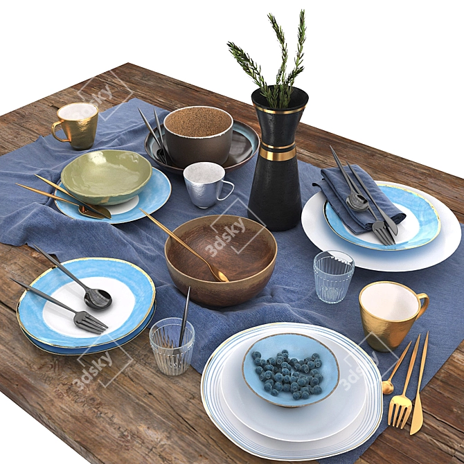 Blue & Brown Table Set | Elegant Diningware 3D model image 1