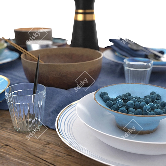 Blue & Brown Table Set | Elegant Diningware 3D model image 2