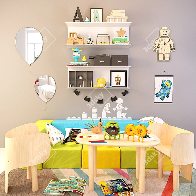 Kids Lego Set: Furniture, Organizer, Poufs, Rug, Mirror, Clock & Figures 3D model image 1