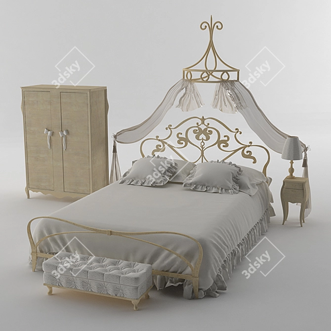 Elegant Sleep: Wardrobe, Canopy Bed, Ottoman, Nightstand & Floor Lamp 3D model image 1