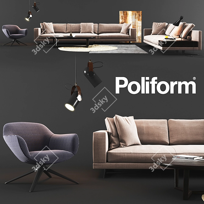 Contemporary Poliform Set: Sofa, Armchair, Table, Lamps 3D model image 1