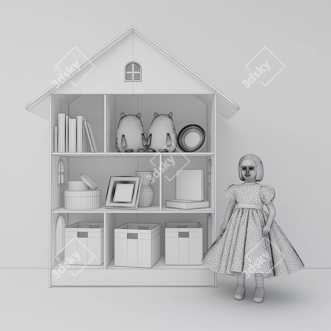 Adorable Bookshelf House with Doll 3D model image 3