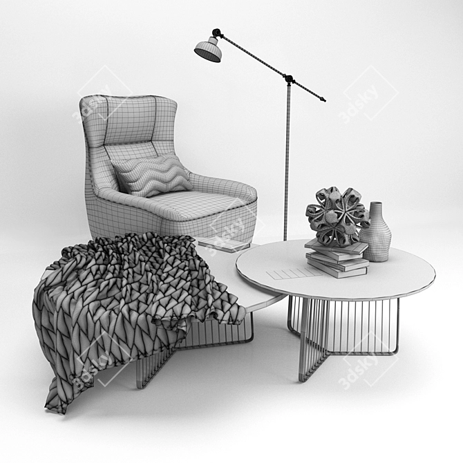 Modern Black Floor Lamp with Italian Armchair and Coffee Tables 3D model image 3