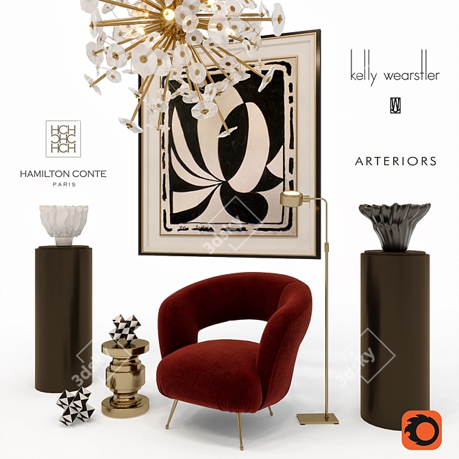 Vintage Elegance: Chair, Table, Chandelier, Lamp, Art 3D model image 1
