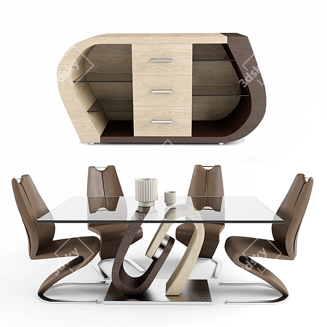 Modern Oak & Walnut Dining Set 3D model image 1