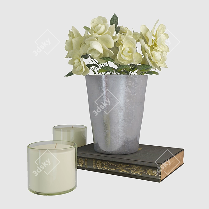 Elegant Silver Vase with White Roses 3D model image 1