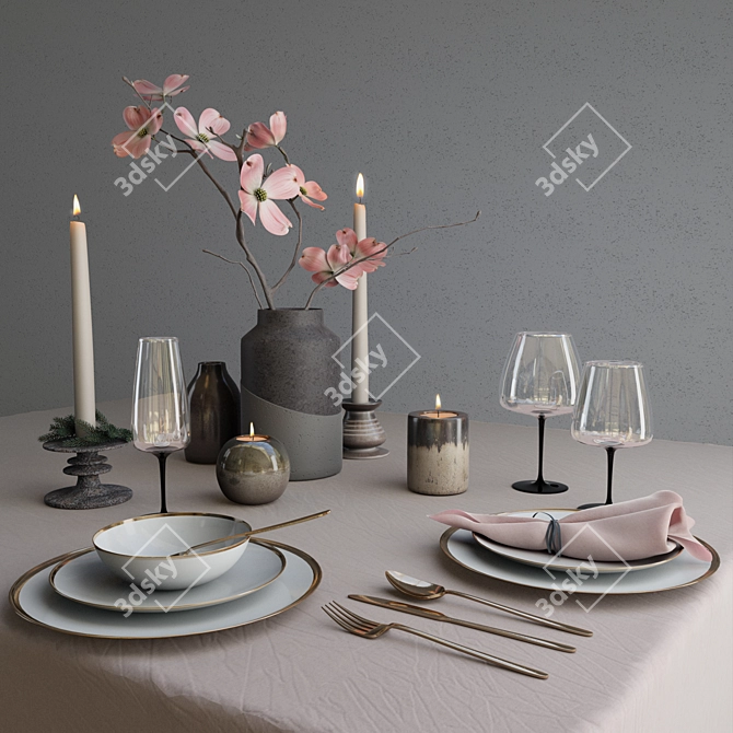 Elegant Pink Tableware Set 3D model image 1