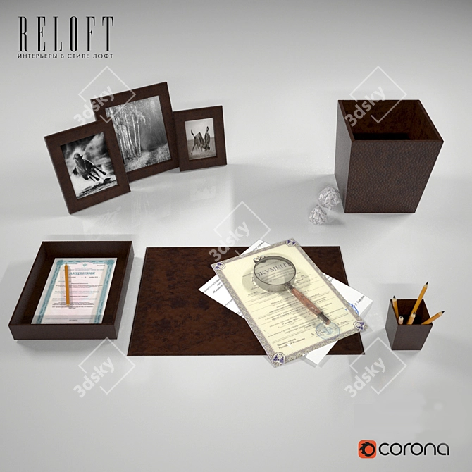 Brown Office Table Set: Pencil Holder, Paper Basket, Desk Mat, Letter Tray 3D model image 1