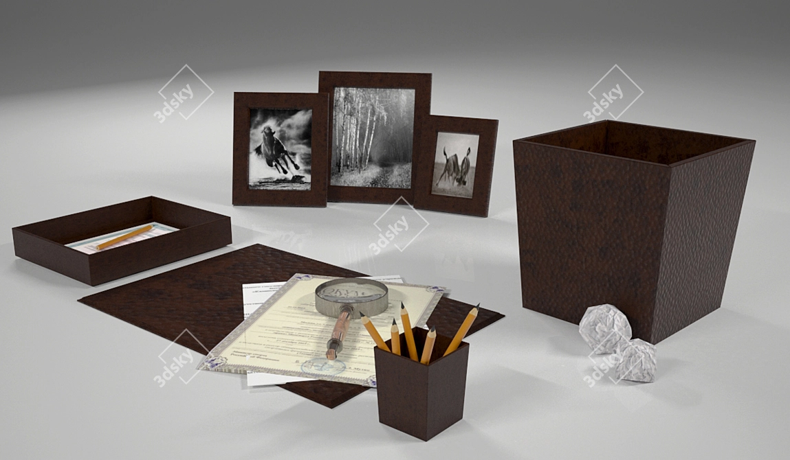 Brown Office Table Set: Pencil Holder, Paper Basket, Desk Mat, Letter Tray 3D model image 2