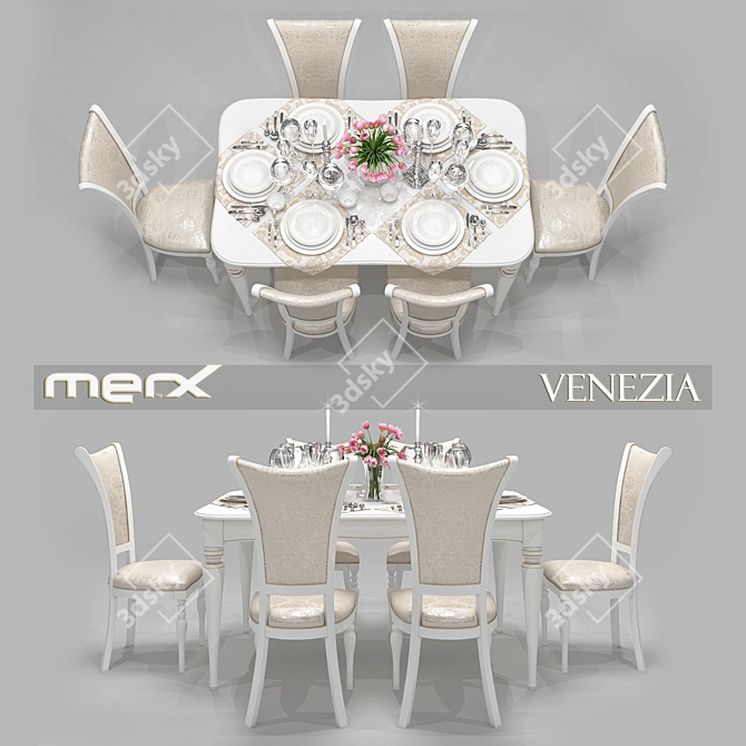 Elegant Merx Venezia Table and Chair Set with Serving and Tulips 3D model image 1