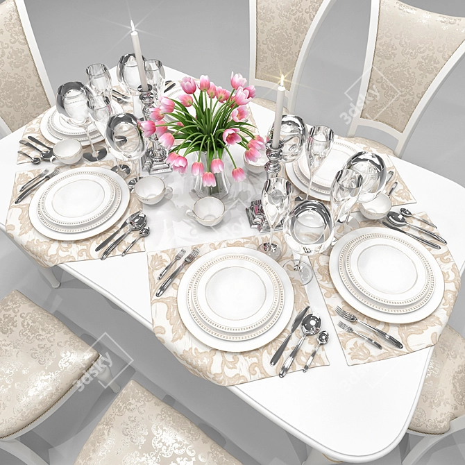 Elegant Merx Venezia Table and Chair Set with Serving and Tulips 3D model image 3
