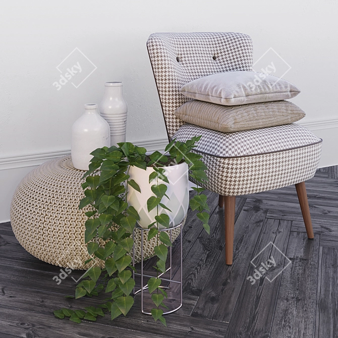 Stylish Duo: Oliver Bonas Chair & Zara Home Pouf 3D model image 1