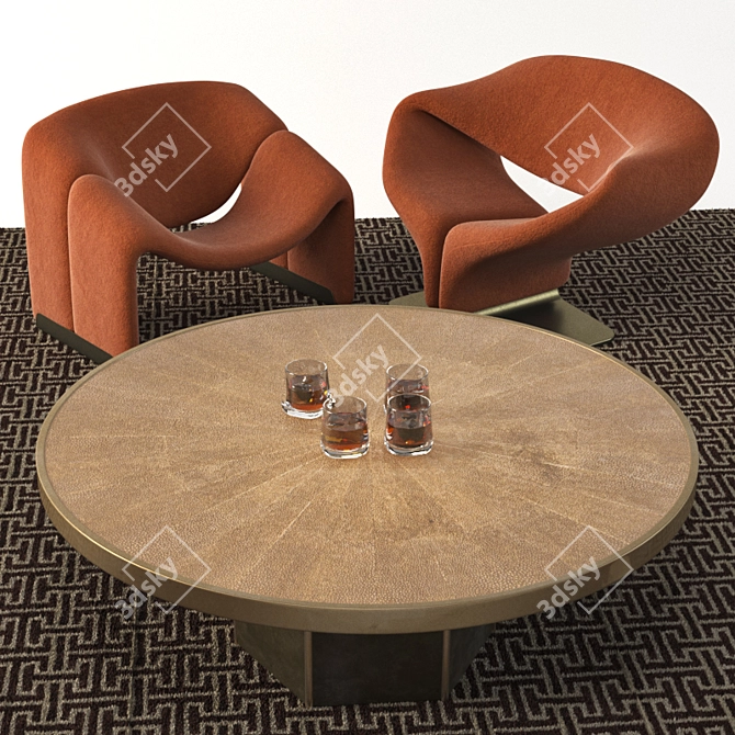 Luxury Velvet Chairs & Round Brass Table 3D model image 3