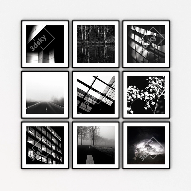 Modern Black & White Paintings Set 3D model image 1