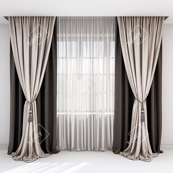 Elegant Brown-Beige Curtains with Pick-Up Brush 3D model image 1