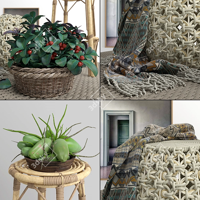 Cozy Ottoman Set: Puf, Blanket, Poster, Plant, Chair, Rug 3D model image 2