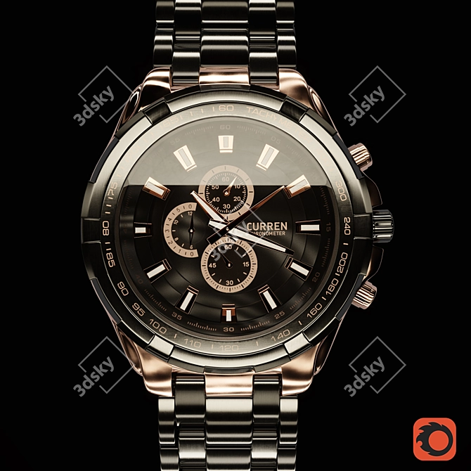 Sleek Curren Black Steel Watch 3D model image 1