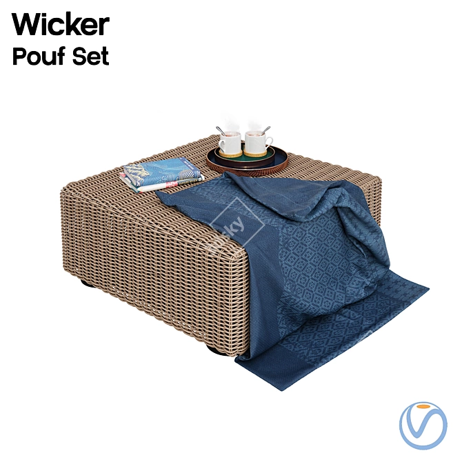 Wicker Bliss Pouf Set 3D model image 1