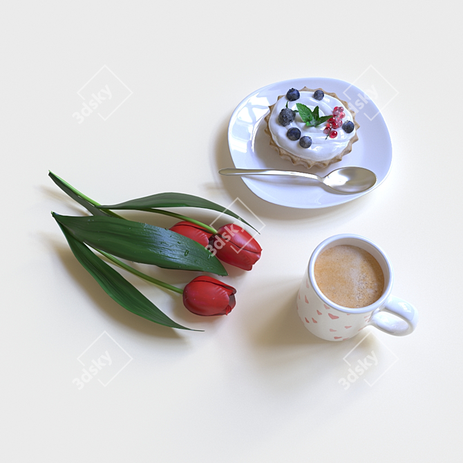 Morning Bliss: Coffee, Dessert, Tulips 3D model image 1