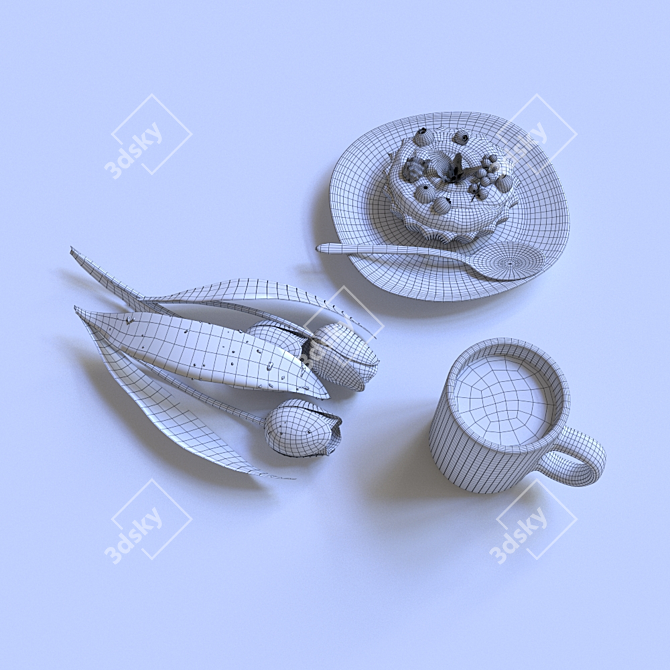 Morning Bliss: Coffee, Dessert, Tulips 3D model image 3