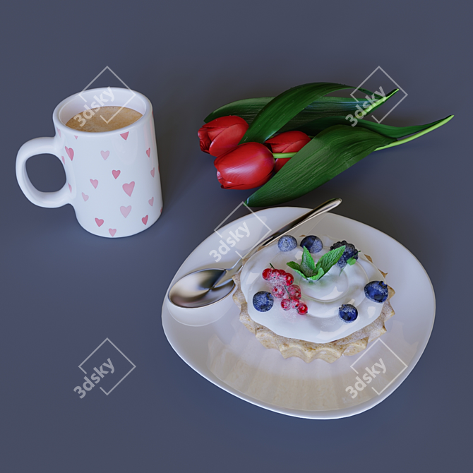 Morning Bliss: Coffee, Dessert, Tulips 3D model image 4