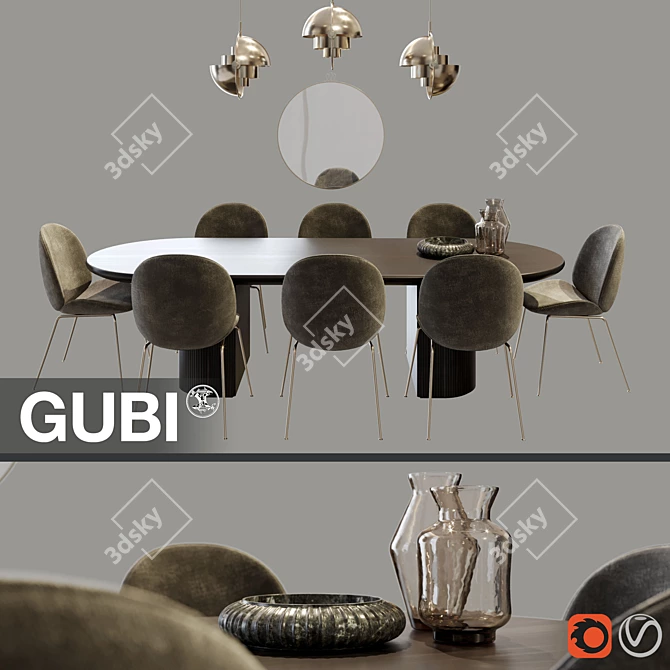 Modern Gubi Dining Set: Moon Table, Beetle Chair, Multi-Lite Lamps 3D model image 1