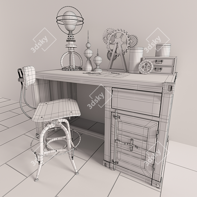 Vintage Industrial Desk & Chair Set 3D model image 3