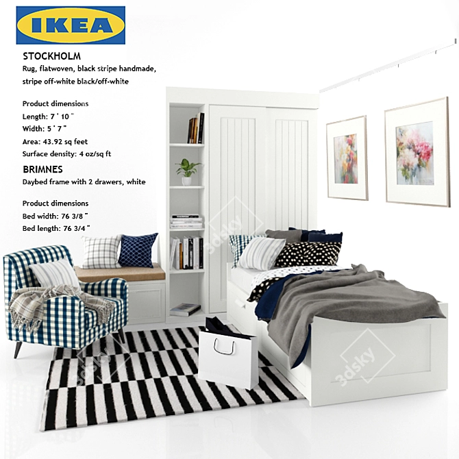 IKEA BRIMNES & STOCKHOLM: Daybed with Drawers & Handmade Stripe Rug 3D model image 1