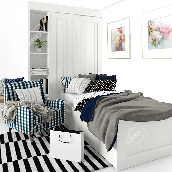 IKEA BRIMNES & STOCKHOLM: Daybed with Drawers & Handmade Stripe Rug 3D model image 2