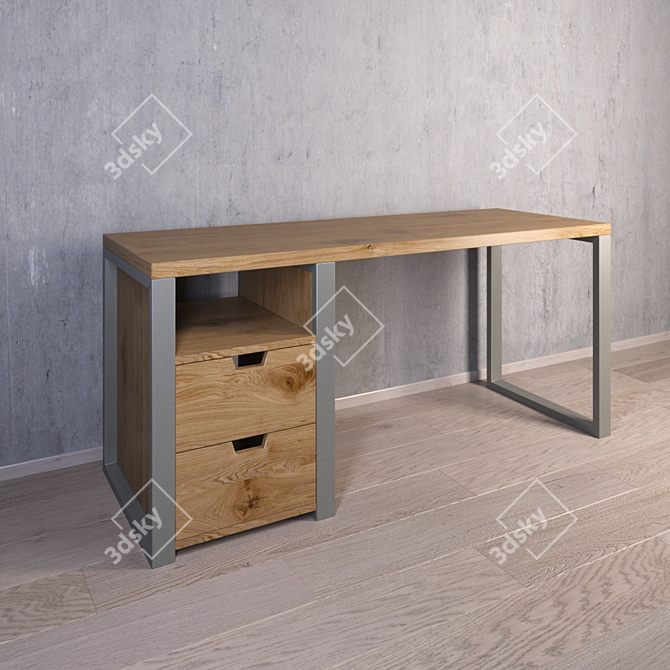 Industrial 1 Table: 2 Drawers, Shelf 3D model image 2