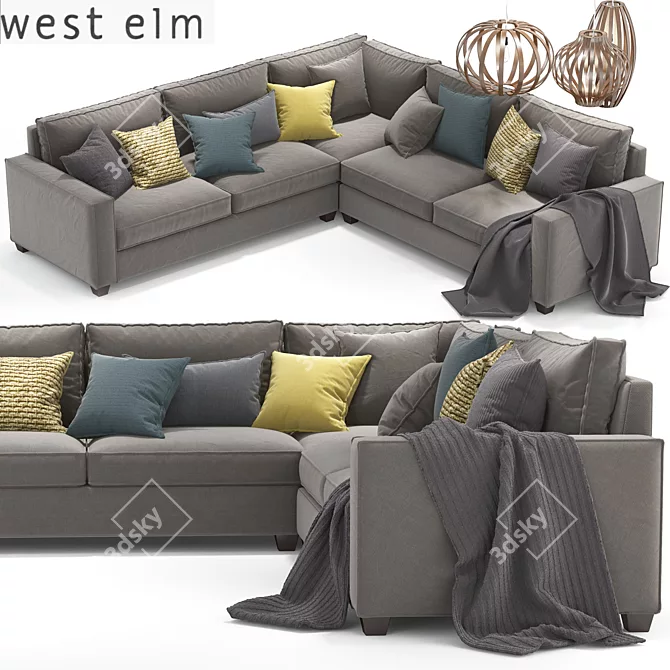 Modern West Elm Henry Sectional Sofa & Bentwood Pendant 3D model image 1