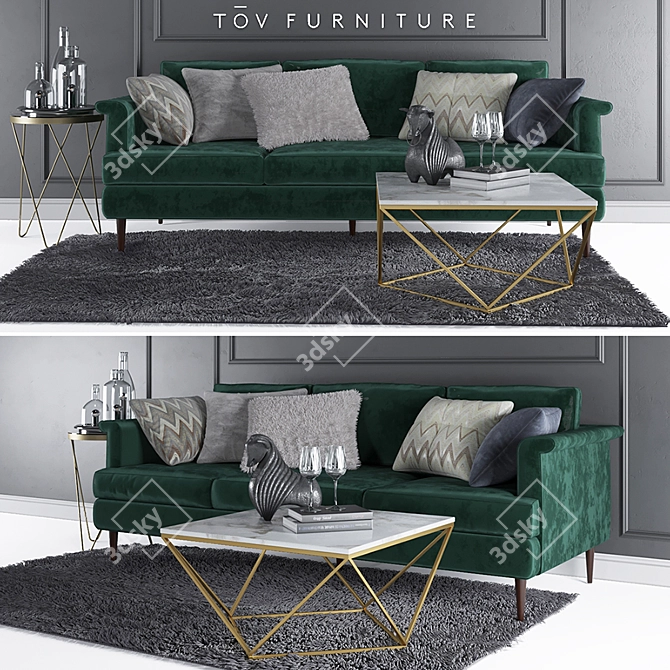 Elegant Forest Green Sofa 3D model image 1