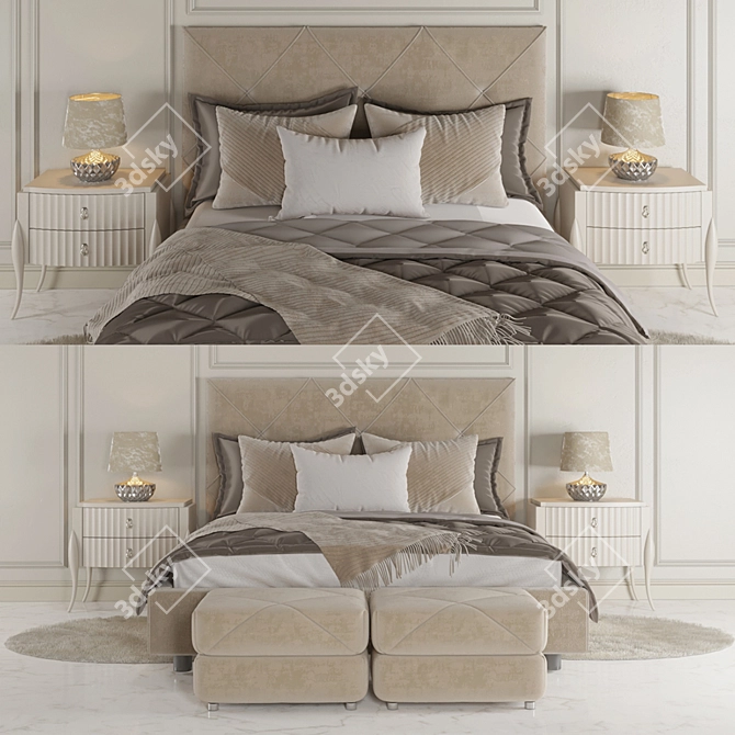 Rocky 1 Bedroom Set: Bed, Ottomans, Nightstand, Lamp 3D model image 1