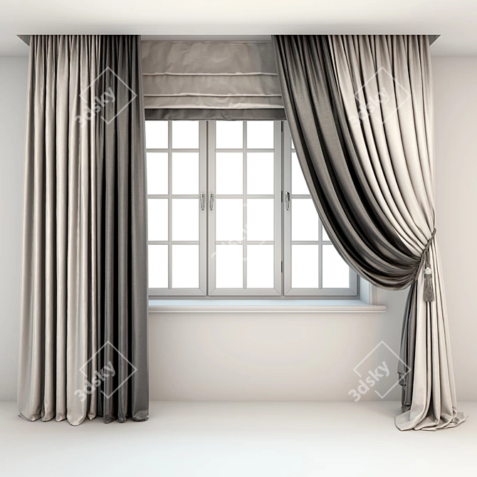 Two-Tone Roman Curtains with Pick-Up Brush 3D model image 1