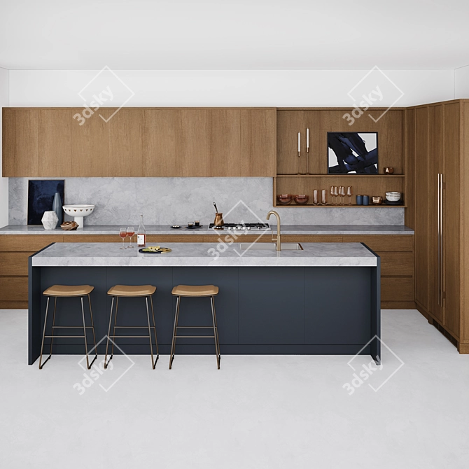 Modern Marble & Wood Kitchen 3D model image 1