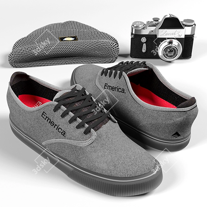 Vintage Hype Set: Zenit 3M Camera, Emerica Skate Shoes, Dickies Beanie 3D model image 1