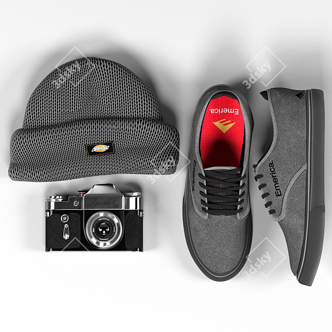 Vintage Hype Set: Zenit 3M Camera, Emerica Skate Shoes, Dickies Beanie 3D model image 2