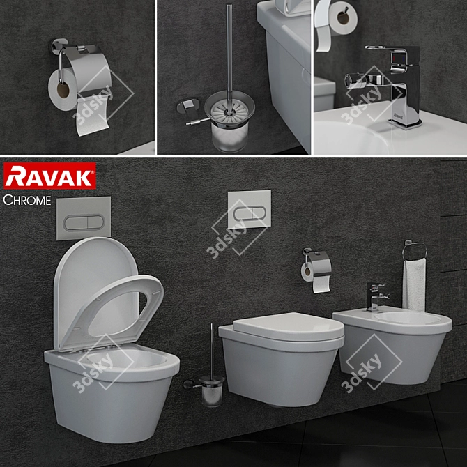 RAVAK Chrome Toilet & Bidet Set 3D model image 1