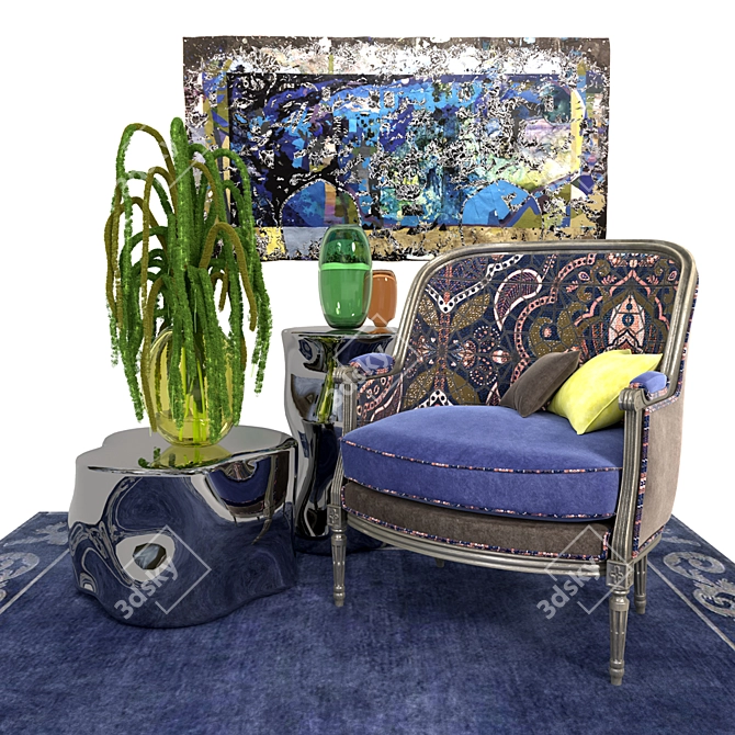 Luxury Roche Bobois Set: Mozart Bergere Chair, Silver Tree Tables, Amiral Frame Rug 3D model image 1